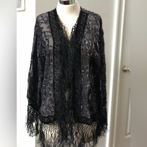 ANIS A. Art to Wear Black Velvet Burnout with Fringe Detail Sheer Cardigan Top